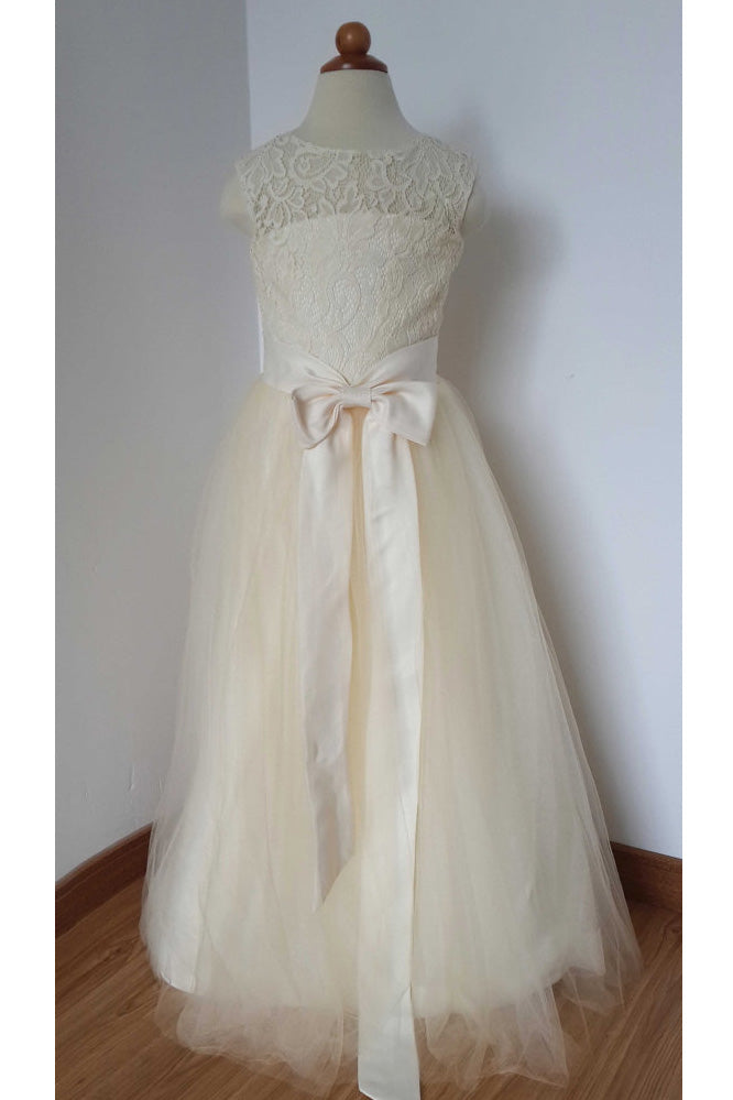 Cheap Floor Length Cream Color Lace Tulle Flower Girl Dress with Open Back