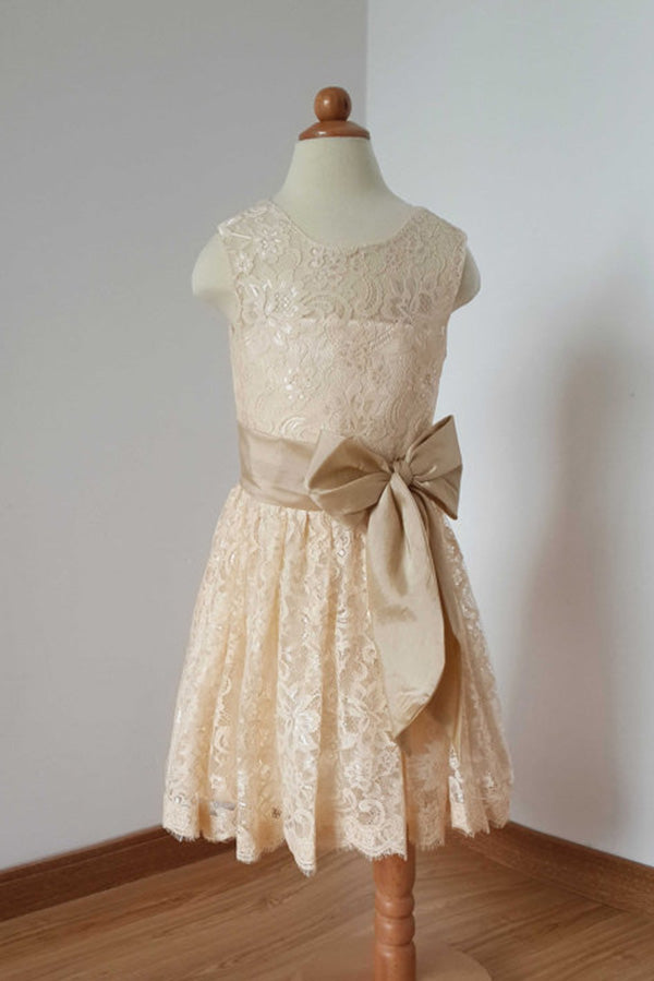A Line Ankle Length Sleeveless Ruched Lace Flower Girl Dress with Bow
