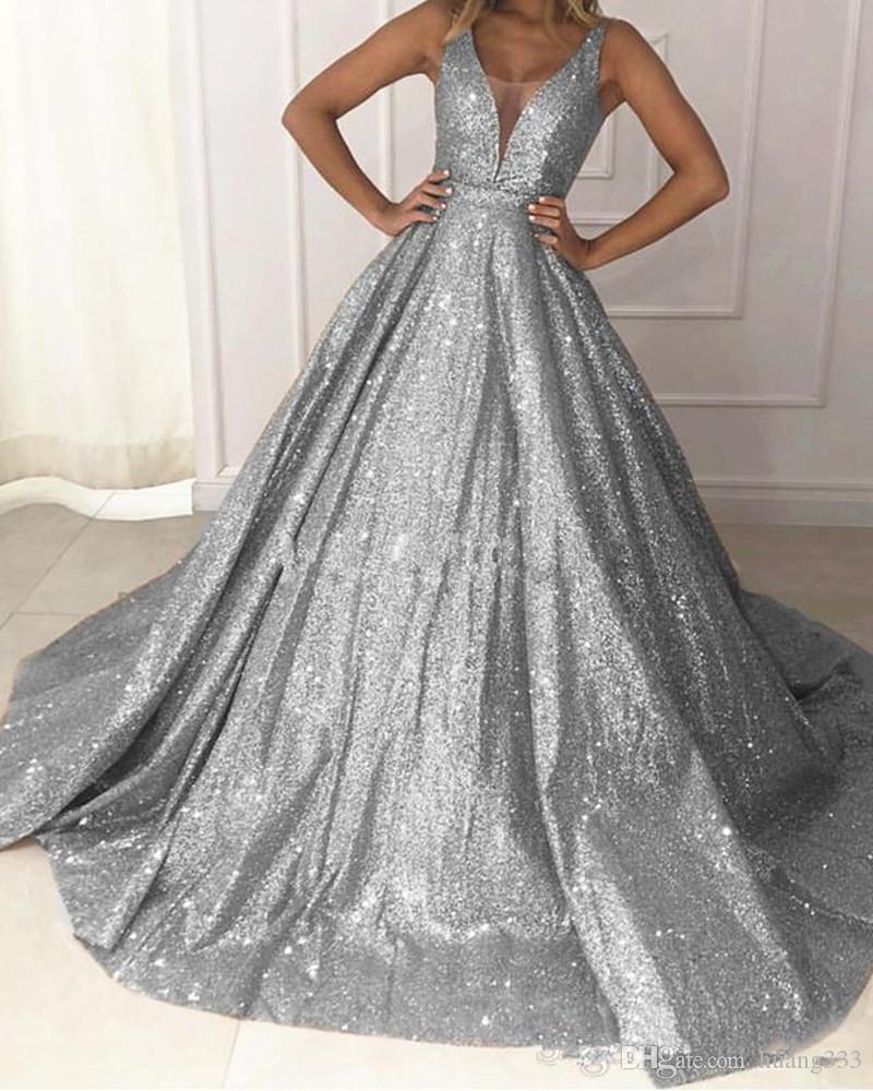 Pretty Sparkly V-neck Sleeveless Sequin Long Prom Dresses