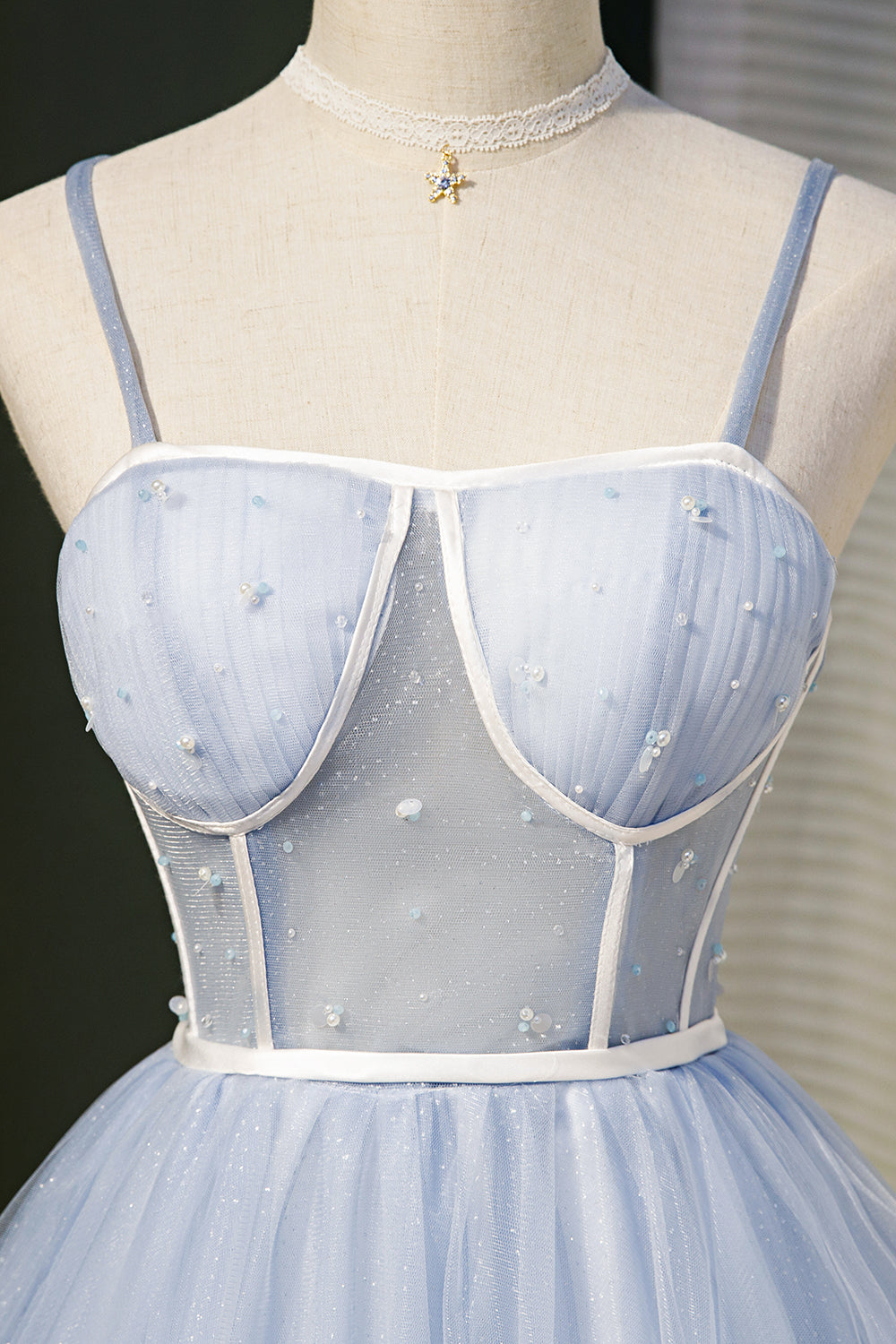 A Line Sky Blue Beaded Lace Up Ball Gown Tulle Homecoming Dresses