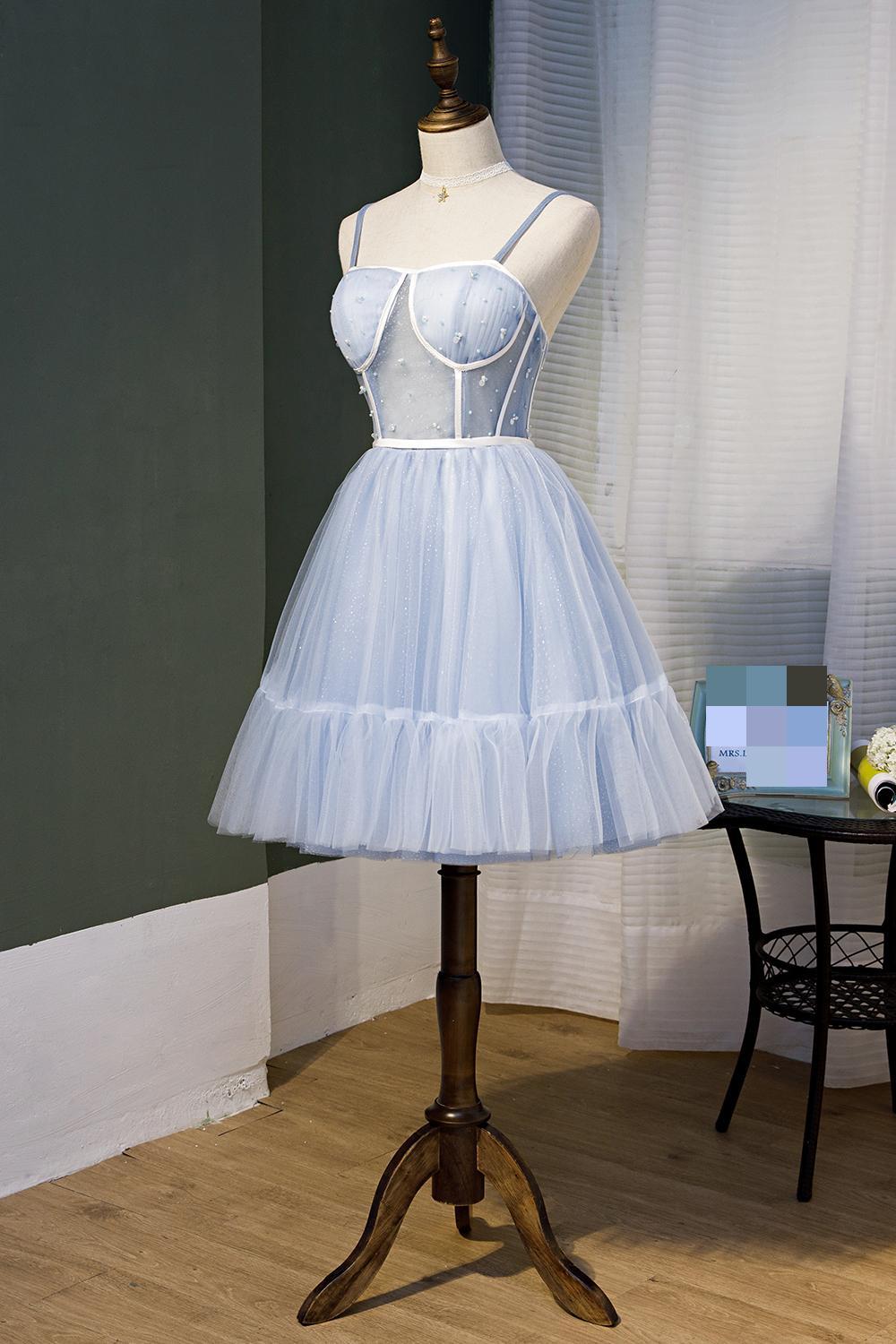 A Line Sky Blue Beaded Lace Up Ball Gown Tulle Homecoming Dresses