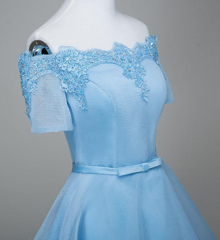 Pastel Lace Appliqued Off The Shoulder Short Sleeves Homecoming Dresses