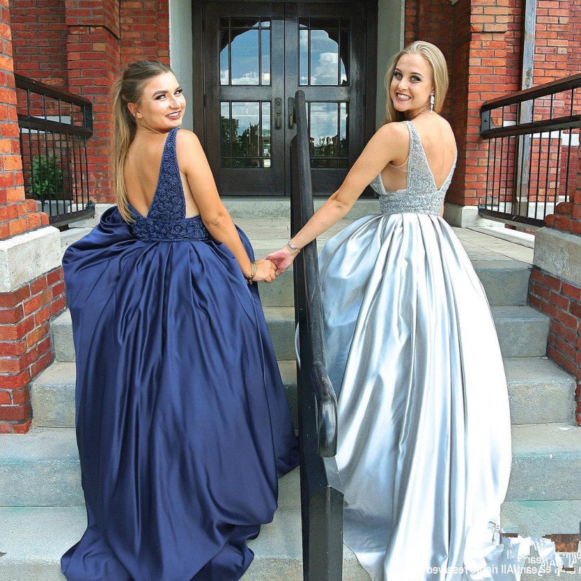 Burgundy Sleeveless V Back Prom Dresses with Beads Long Prom Dresses N792