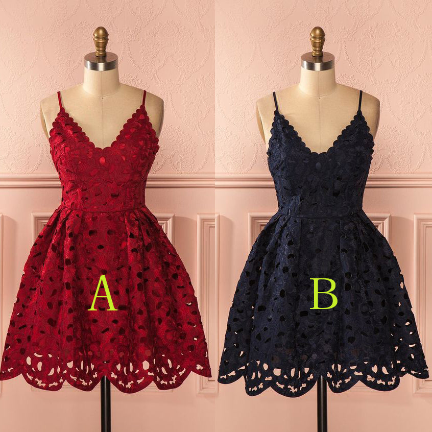 Spaghetti Straps Burgundy V-Neck Mini Lace Backless Homecoming Dresses