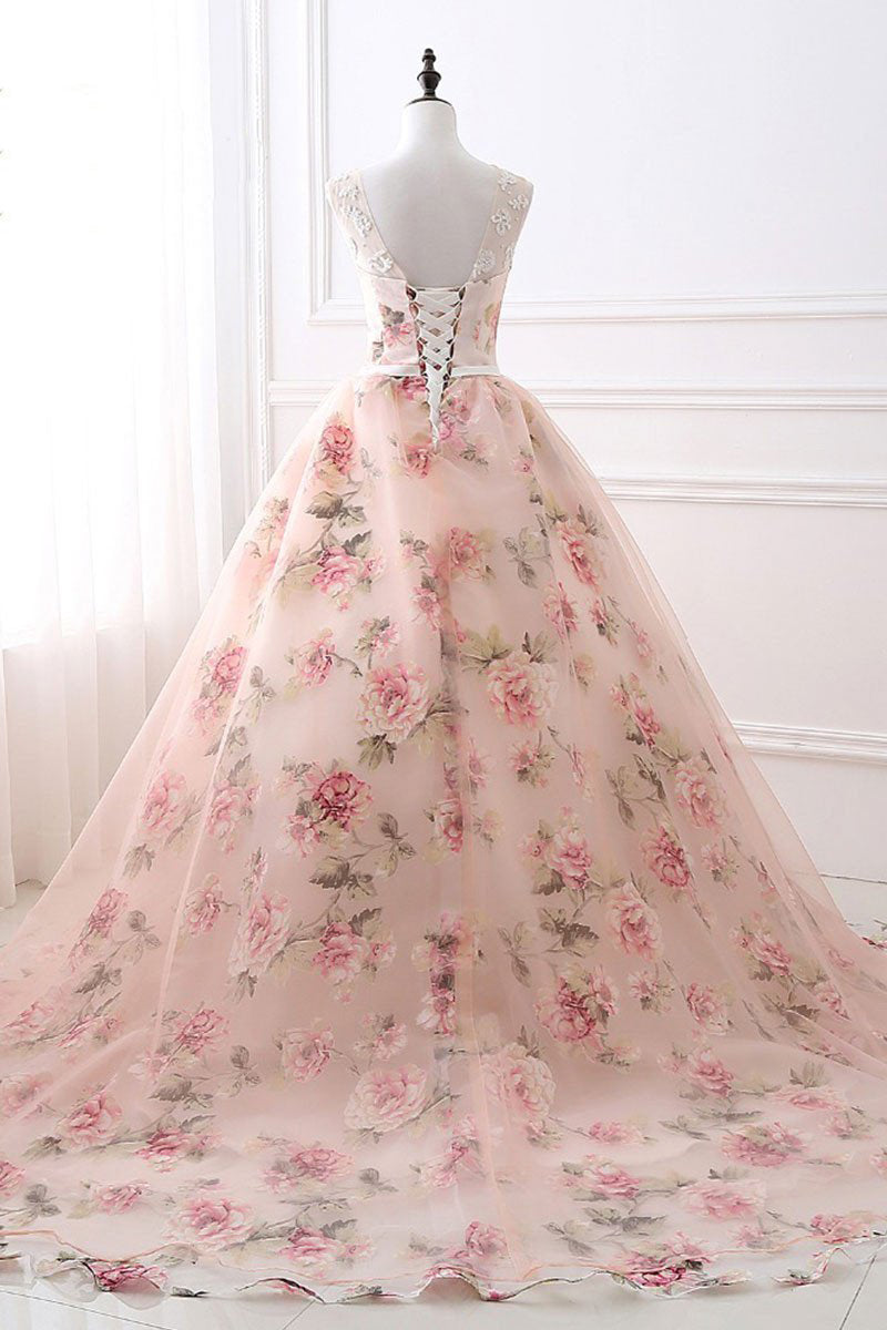 Ball Gown Print Prom Dress Lace Up Back Appliques Long Quinceanera Dress N1512