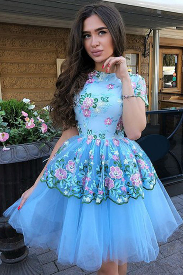 A Line Short Sleeves Blue Tulle Flower Homecoming Dresses