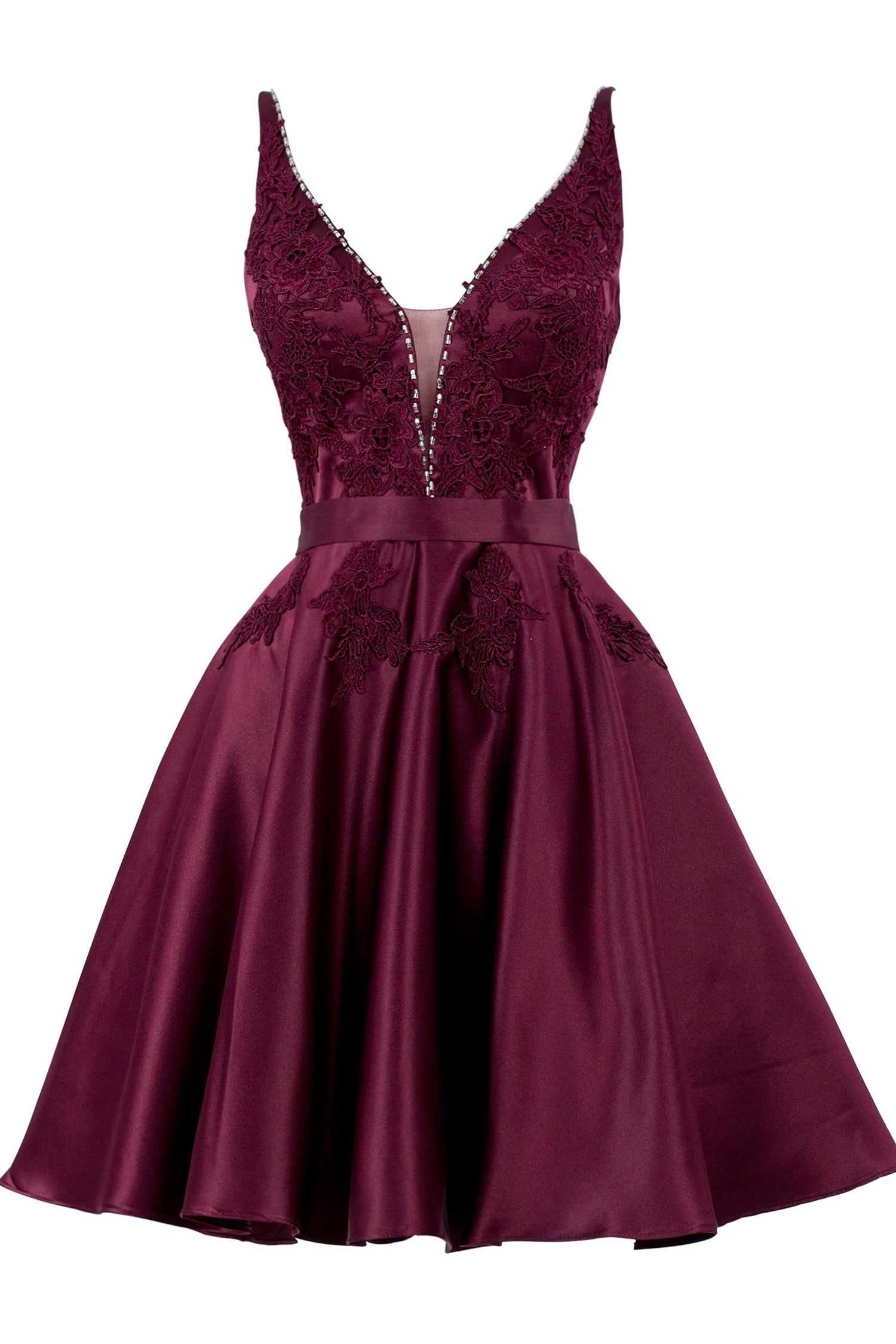 A Line Burgundy V-Neck Lace Appliqued Graduation Party Dress