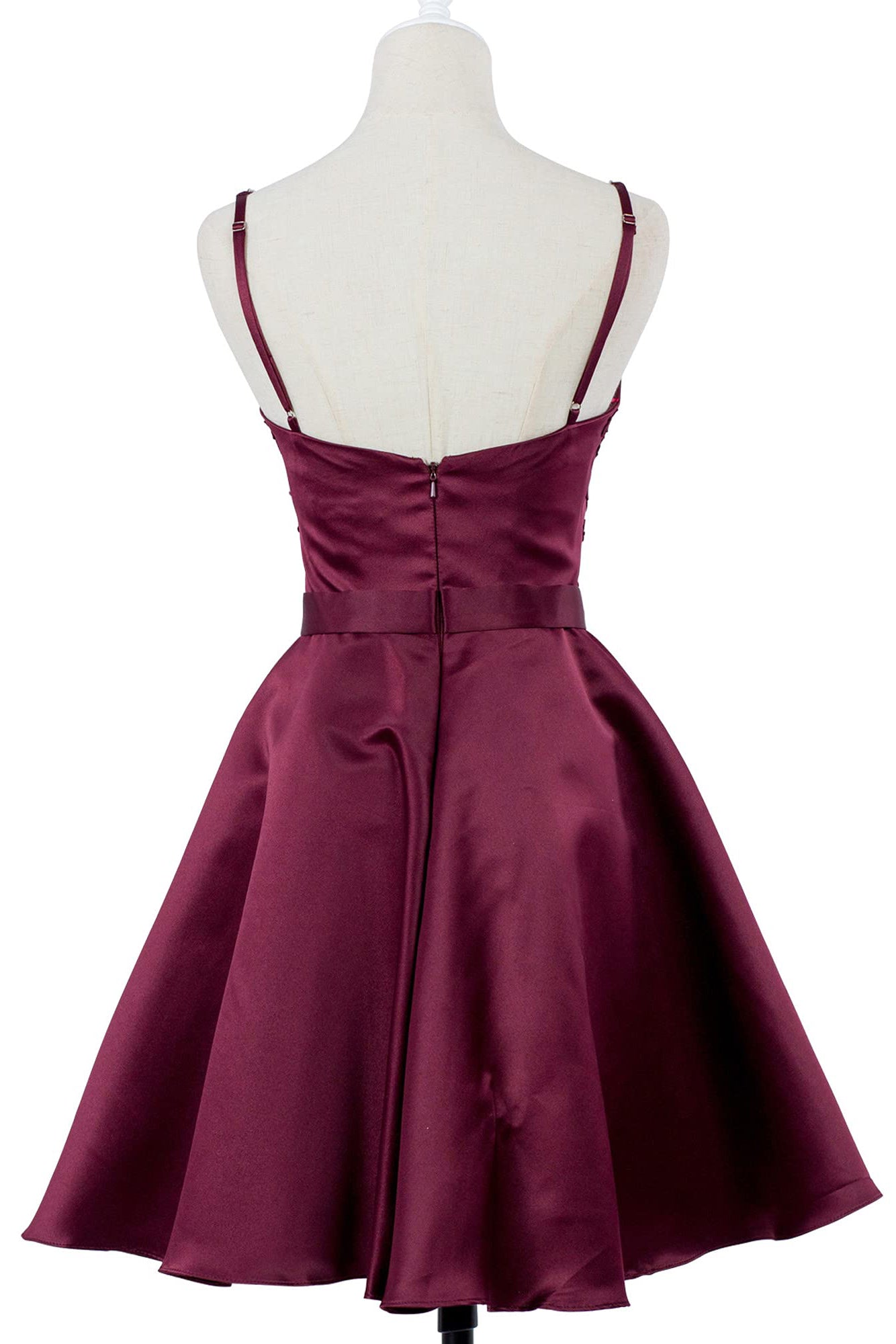 A Line Burgundy V-Neck Lace Appliqued Graduation Party Dress