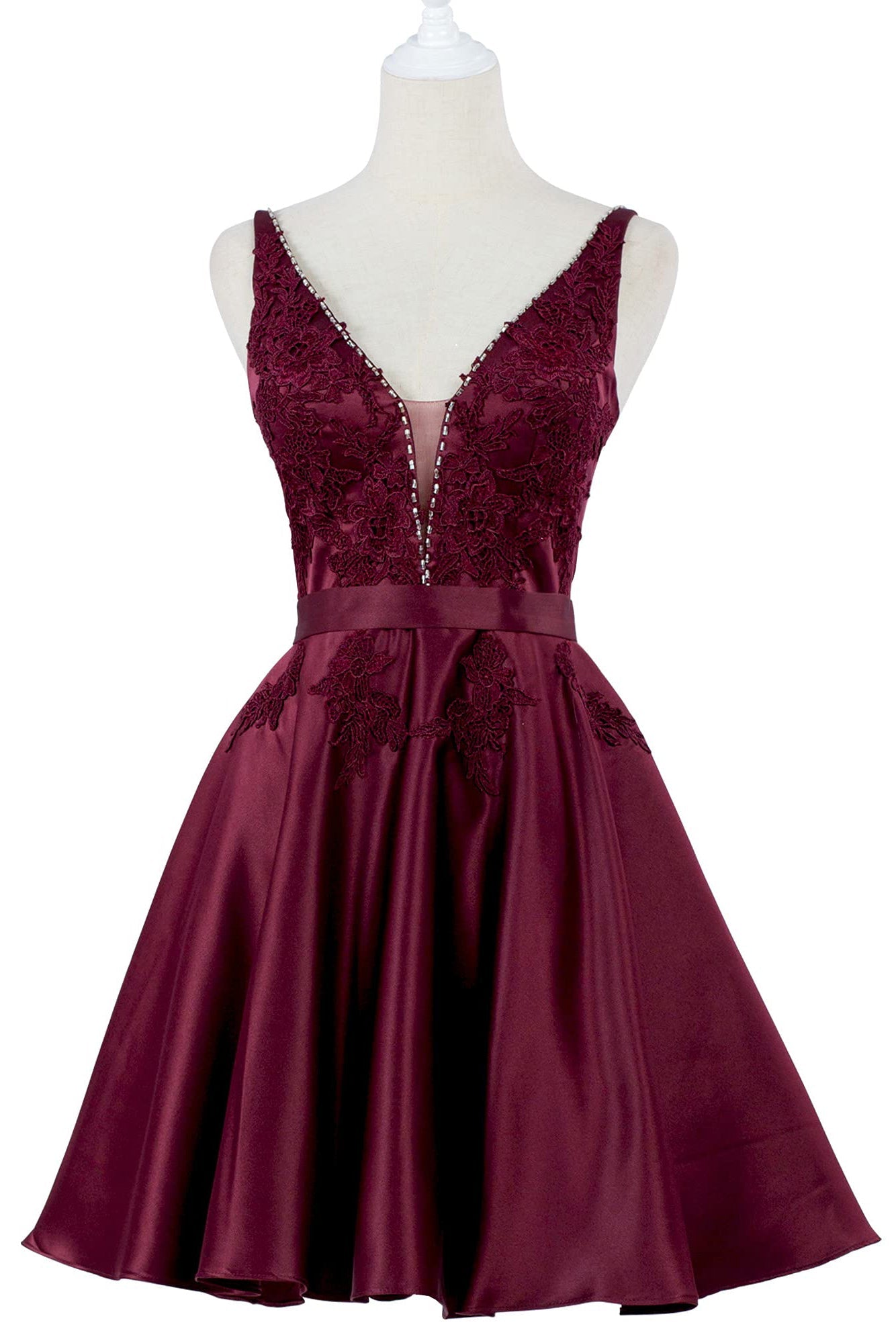 A Line Burgundy V-Neck Lace Appliqued Graduation Party Dress