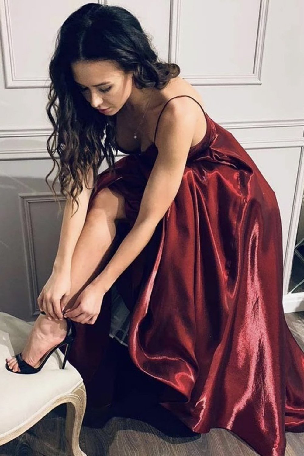 Burgundy A-Line V-Neck Satin Formal Dress Thin Straps Evening Dress Long Prom Dress