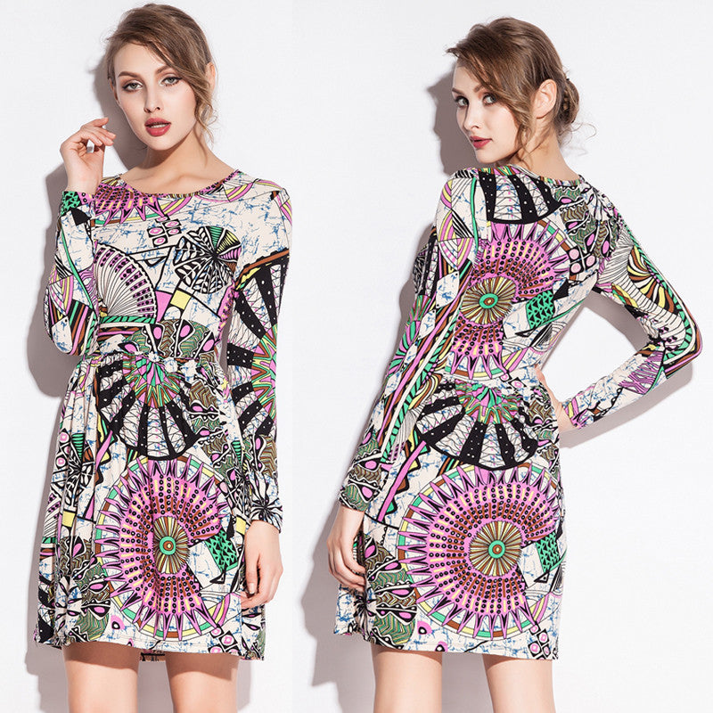 Fashion Print models Waist Wrinked One Piece Cotton Dresses