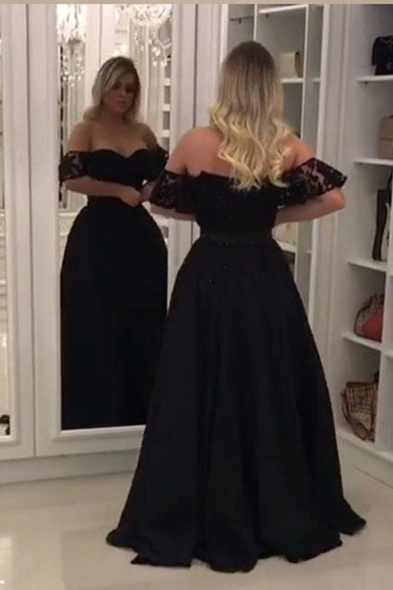 Black Off Shoulder Long Evening Dresses with Lace Unique Split Prom Dresses with Lace N1109