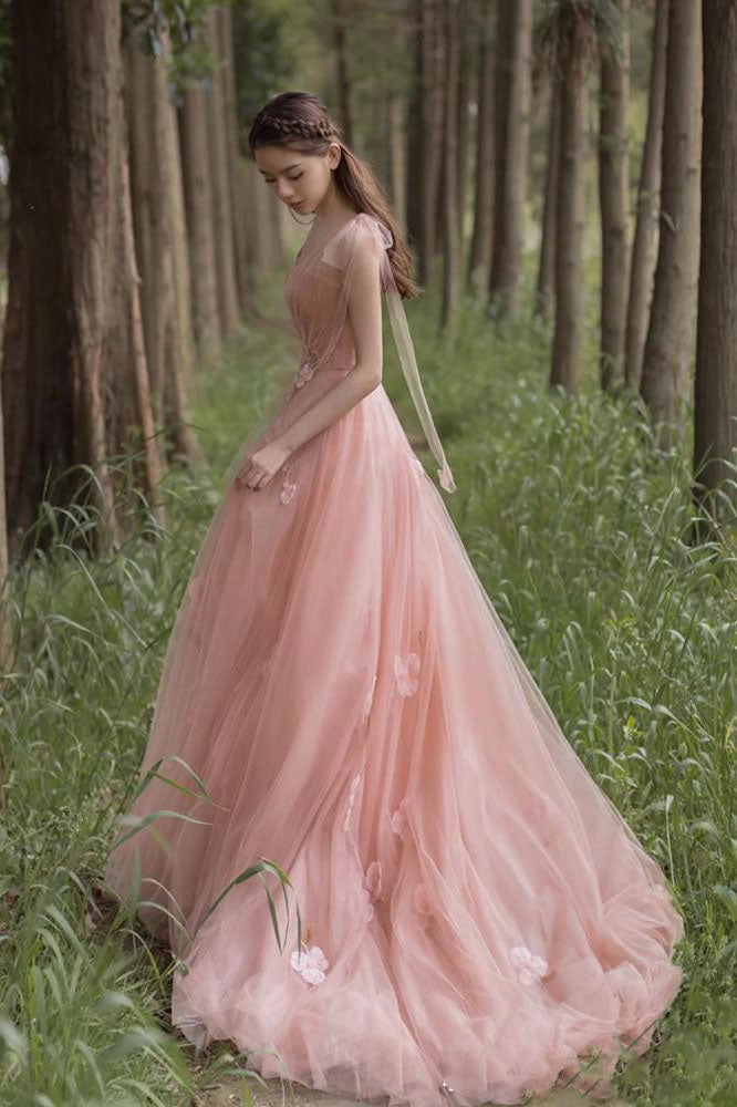 Tulle A Line Pink 3D Flowers Charming Long Evening Gown Prom Dresses
