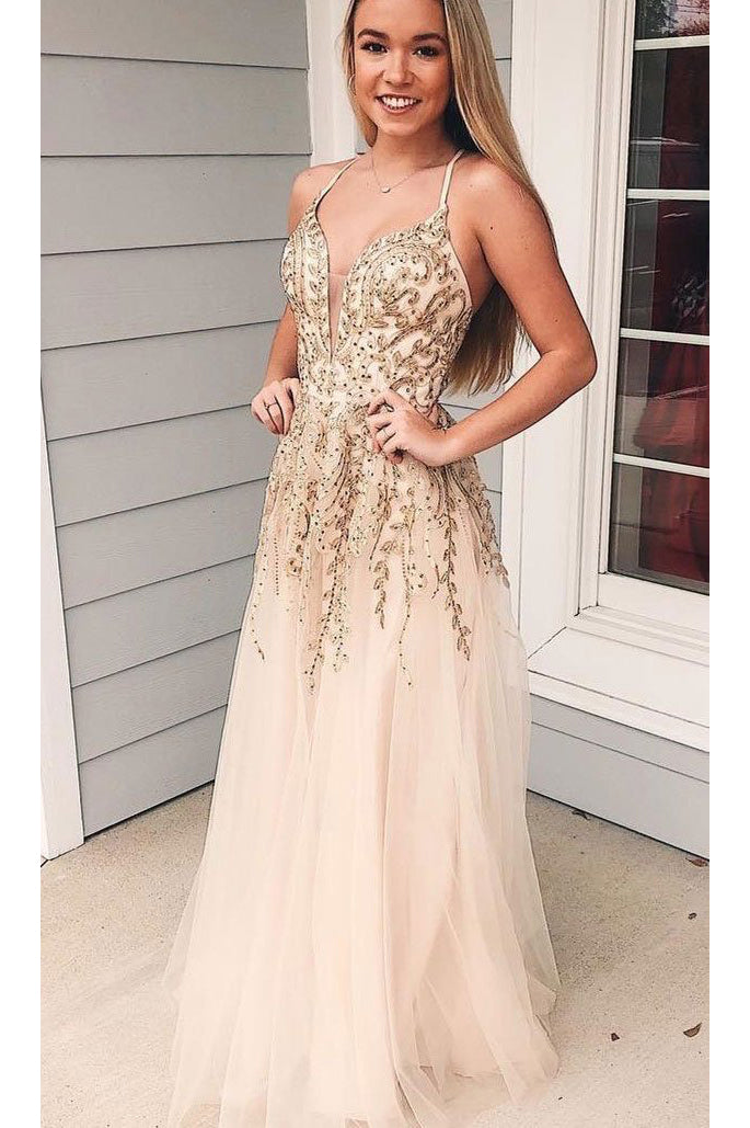 Charming Appliques Spaghetti Straps Tulle Long Prom Dresses V-Neck Evening Dresses N1697