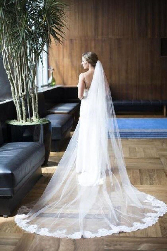 Charming Chapel Veil 3M Long Lace Edge Tulle Bridal Wedding Veils+