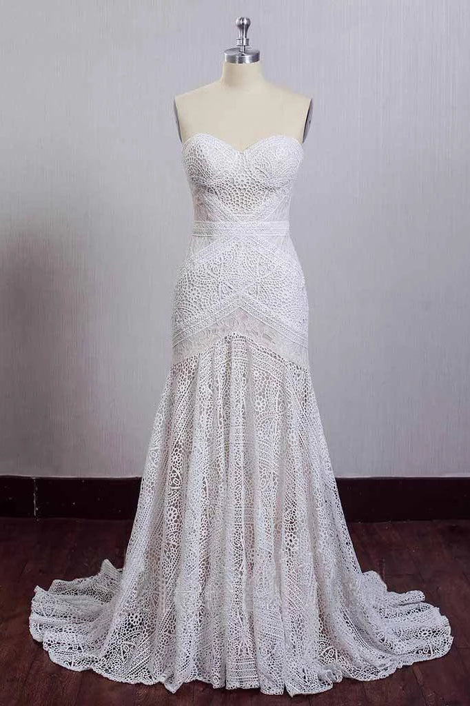 Chic Ivory Lace Mermaid Beach Wedding Dresses Sweetheart Rustic Boho Bridal Dresses N2022