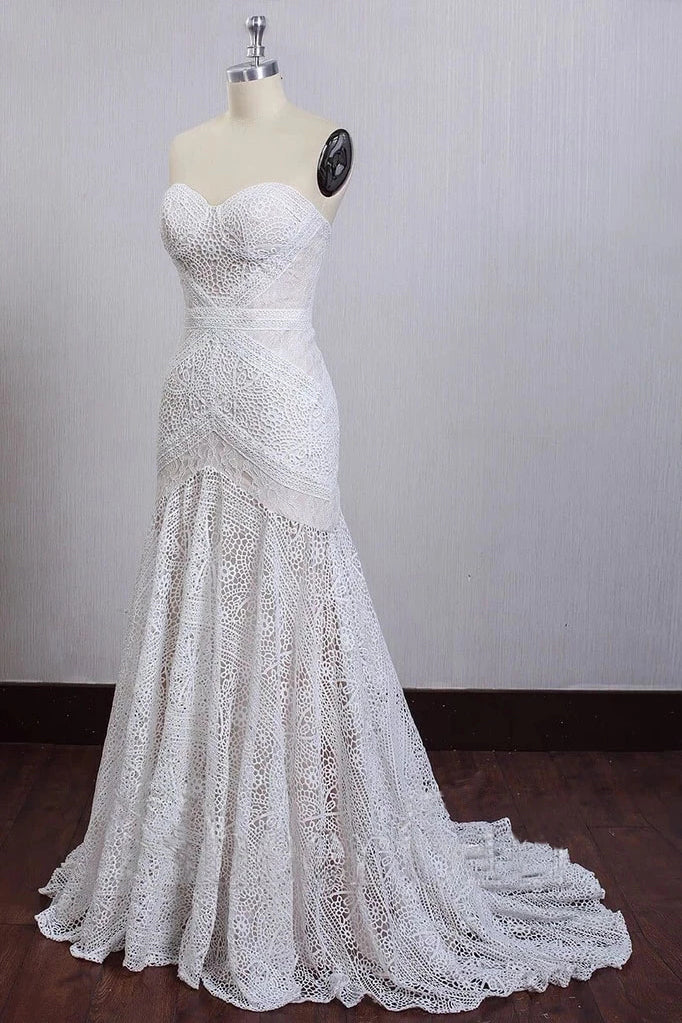 Chic Ivory Lace Mermaid Beach Wedding Dresses Sweetheart Rustic Boho Bridal Dresses N2022