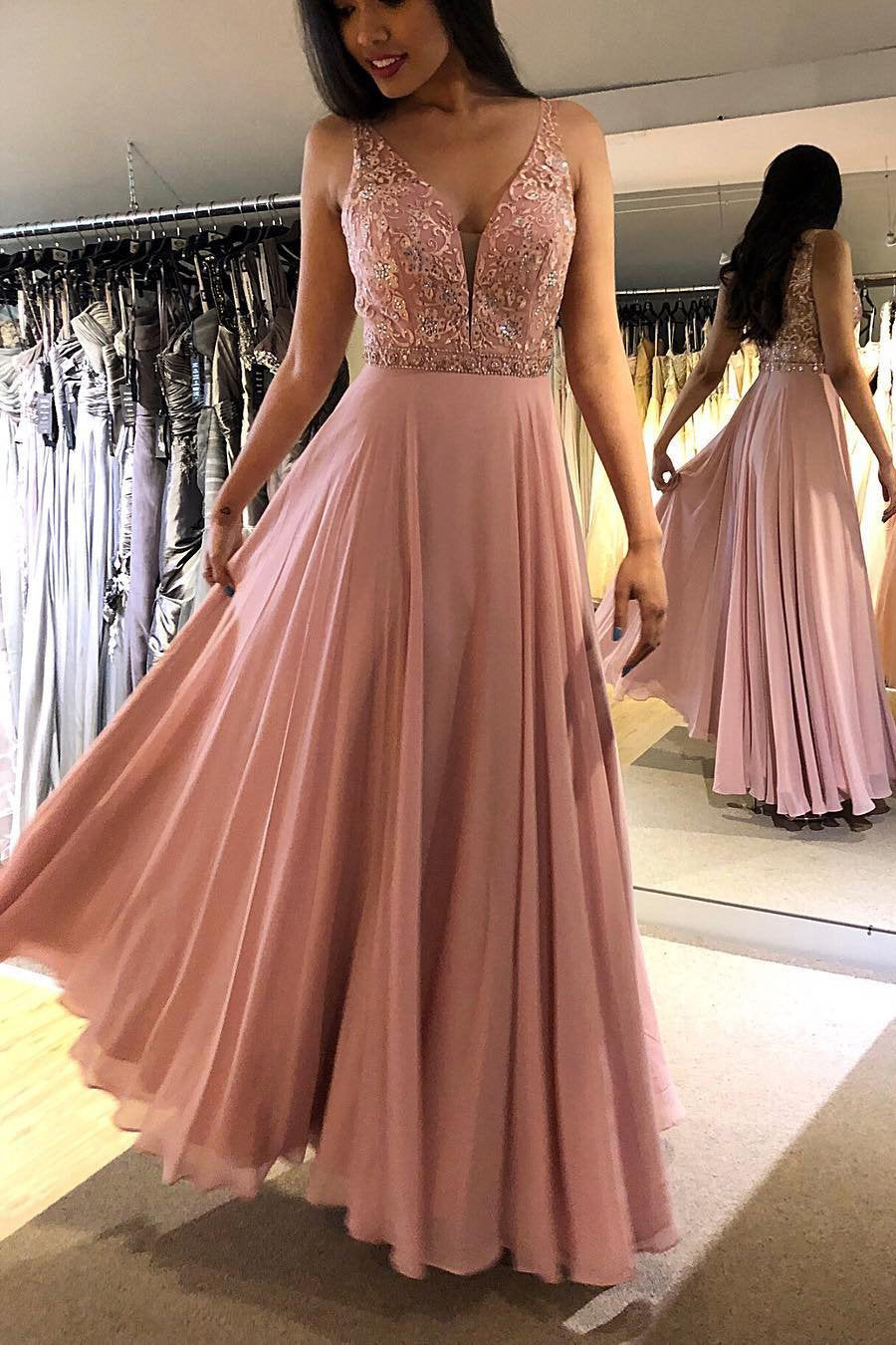 Blush V-Neck Sleeveless Floor Length Prom Dresses Sparkly Chiffon Long Formal Dresses N1739