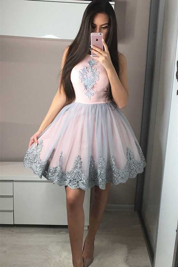 Cute A Line Round Neck Pink Homecoming Dress with Appliques Short