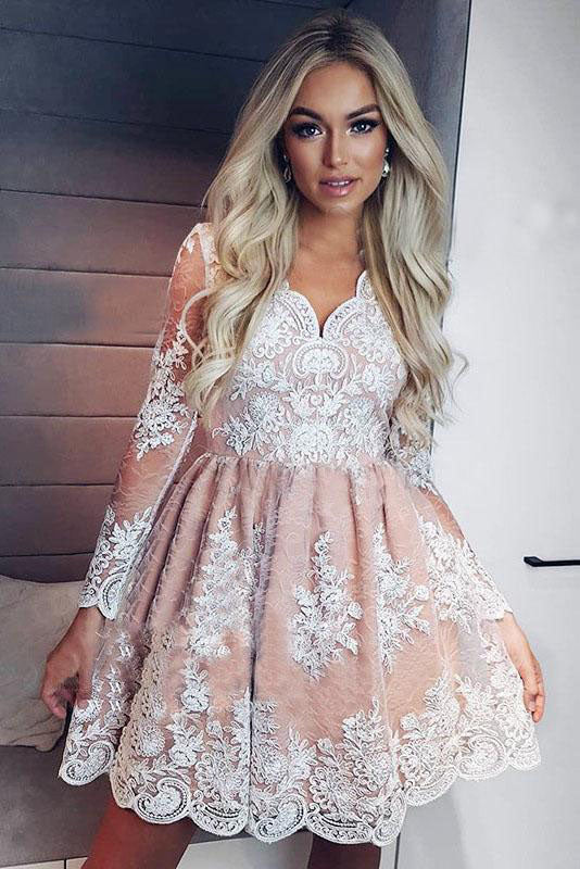 Cute A Line V neck Long Sleeves Short Homecoming Dress with Lace