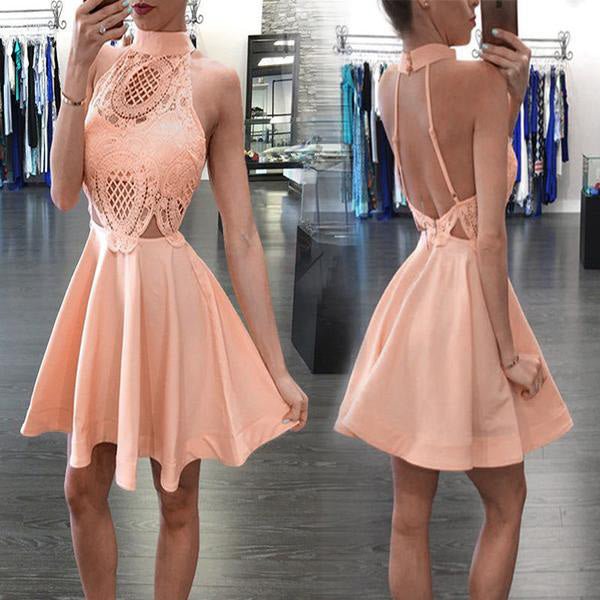 Peach High Neck Sleeveless Backless Homecoming Dresses