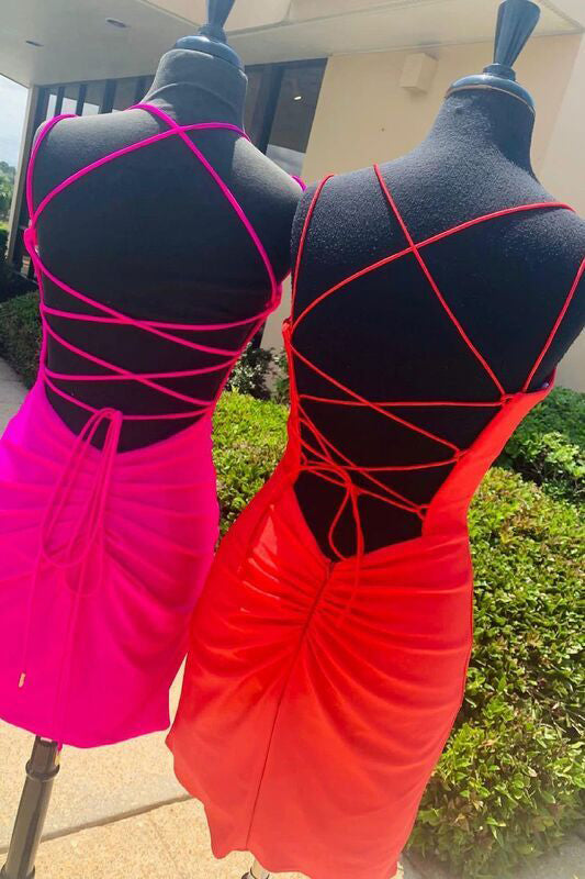 Sexy Spaghetti Strapss V Neck Satin Short Prom Dresses Homecoming Dresses