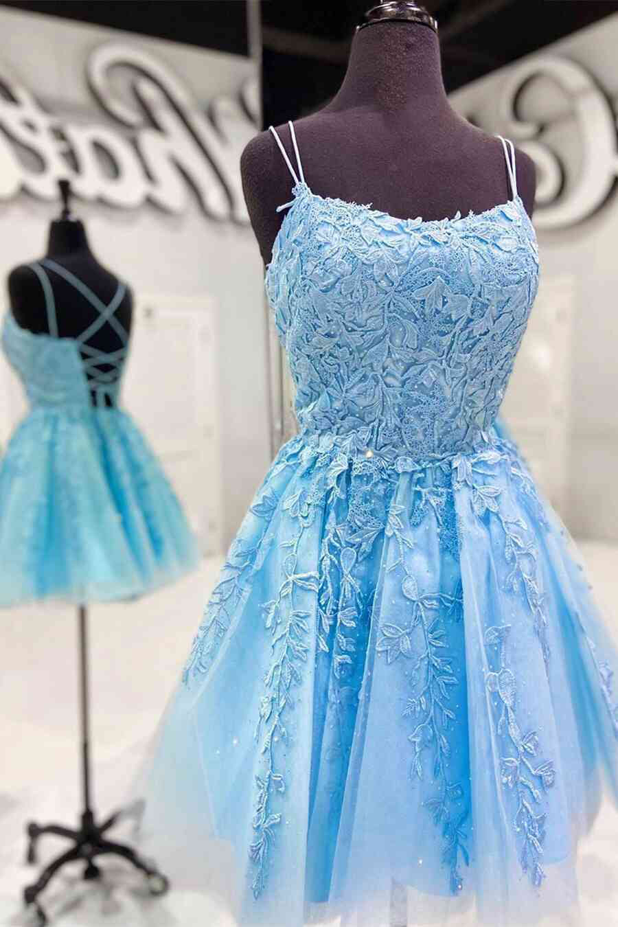 Blue A Line Spaghetti Straps Lace Short Prom Dresses Homecoming Dresses