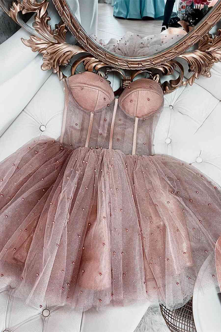 A Line Dusty Rose Sleeveless Tulle Short Prom Dress Homecoming Dress