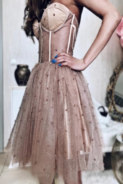 A Line Dusty Rose Sleeveless Tulle Short Prom Dress Homecoming Dress