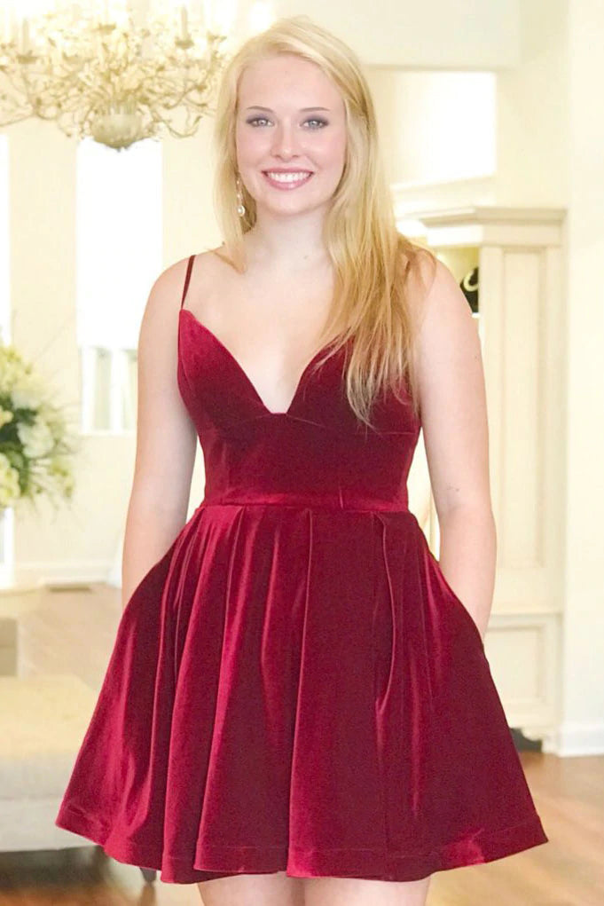 A Line Burgundy Spaghetti Straps V-Neck Velvet Short Homecoming Dress