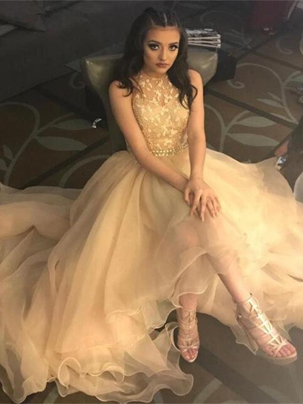 A Line Sparkly Sleeveless Halter Organza Evening Dresses Prom Dresses