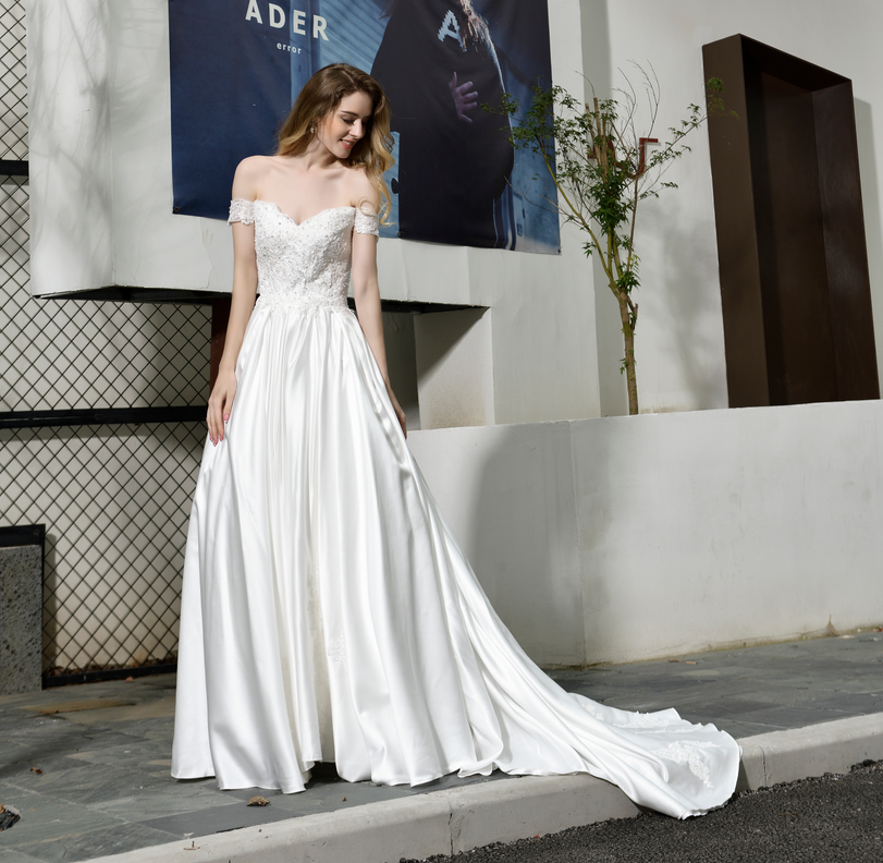 A Line Off The Shoulder Appliques Silk Like Satin Court Train Wedding Dresses WH32382