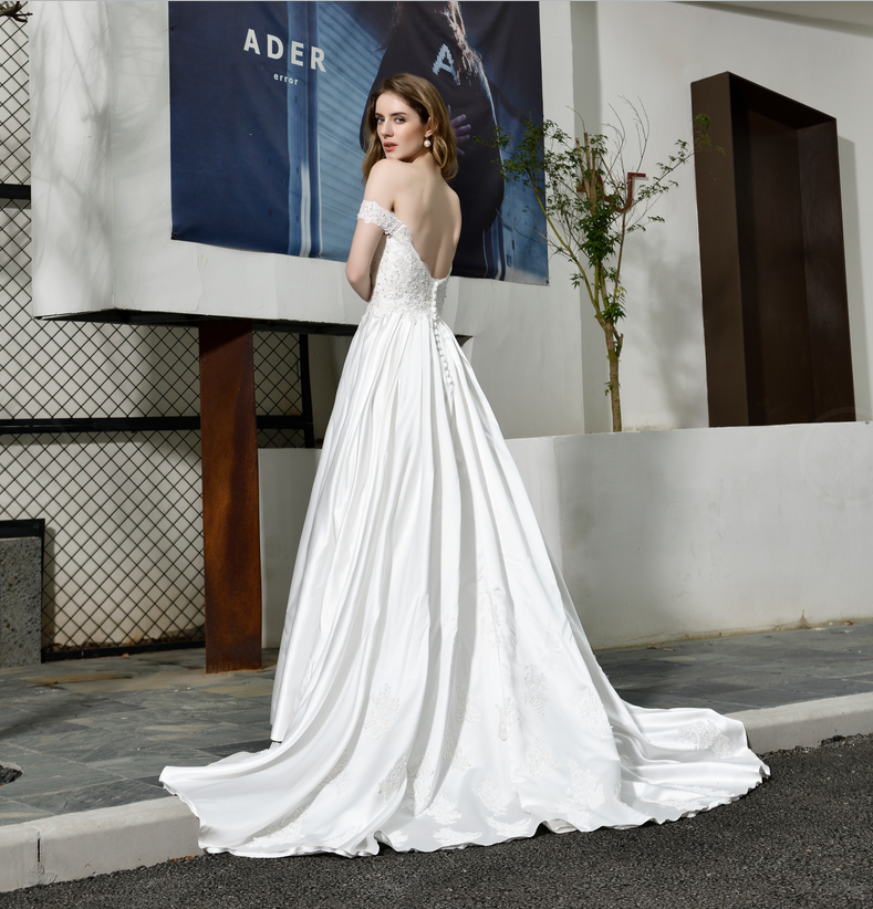 A Line Off The Shoulder Appliques Silk Like Satin Court Train Wedding Dresses WH32382