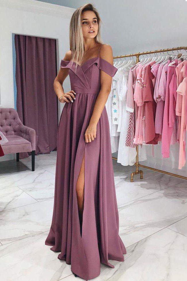 A Line Off the Shoulder Split Long Prom Dresses N765