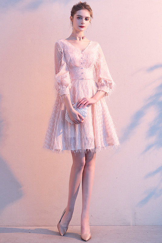 Cute Pink 3/4 Sleeves Zipper Back Short Princess Homecoming Dress