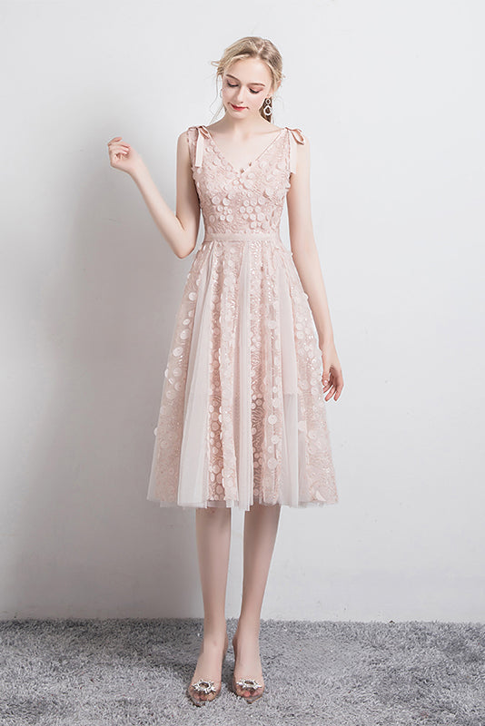 Cute Apricot Deep V-Neck Lace A Line Short Homecoming Dress
