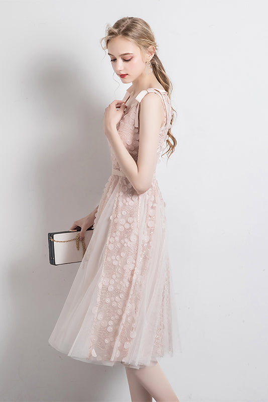 Cute Apricot Deep V-Neck Lace A Line Short Homecoming Dress