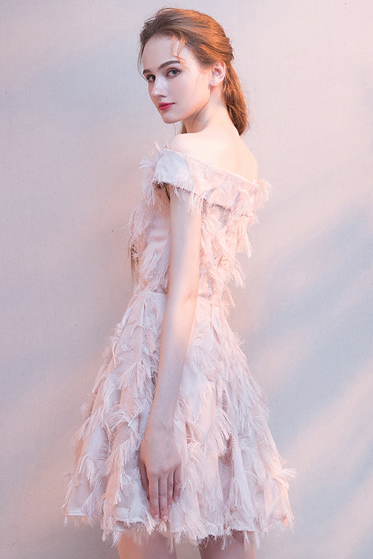 Fashion Off The Shoulder Feather Tassel Short Homecoming Dress