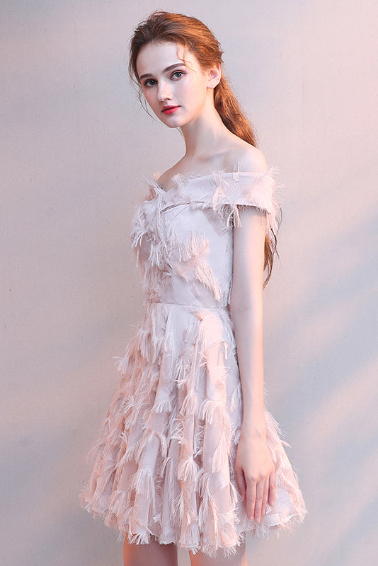 Fashion Off The Shoulder Feather Tassel Short Homecoming Dress