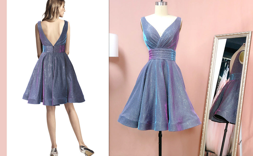 A Line Glitter Grey Sleeveless Short Homecoming Dress With Pockets