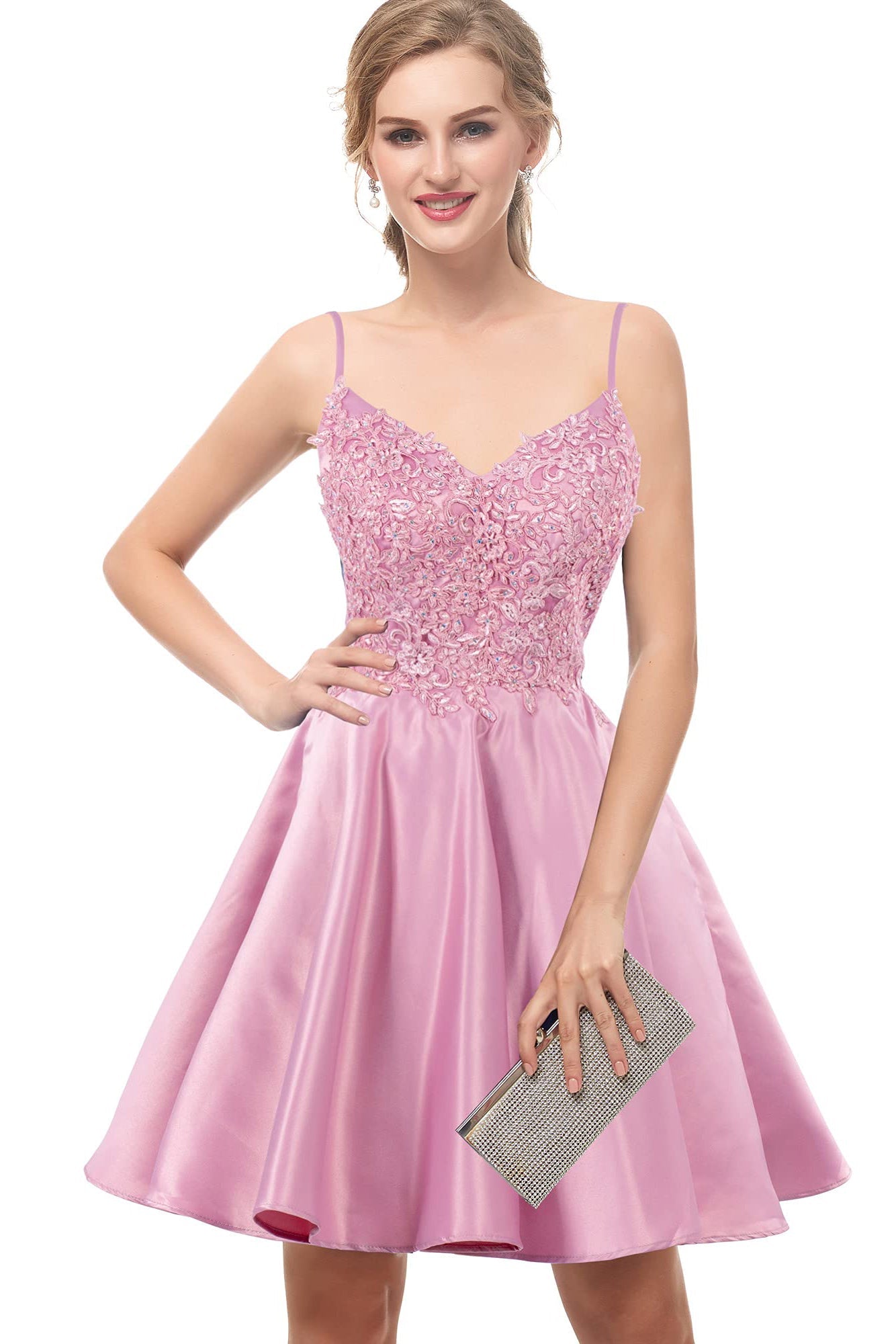 A Line V-Neck Homecoming Dresses with Pockets for Juniors Graduation Party Gown