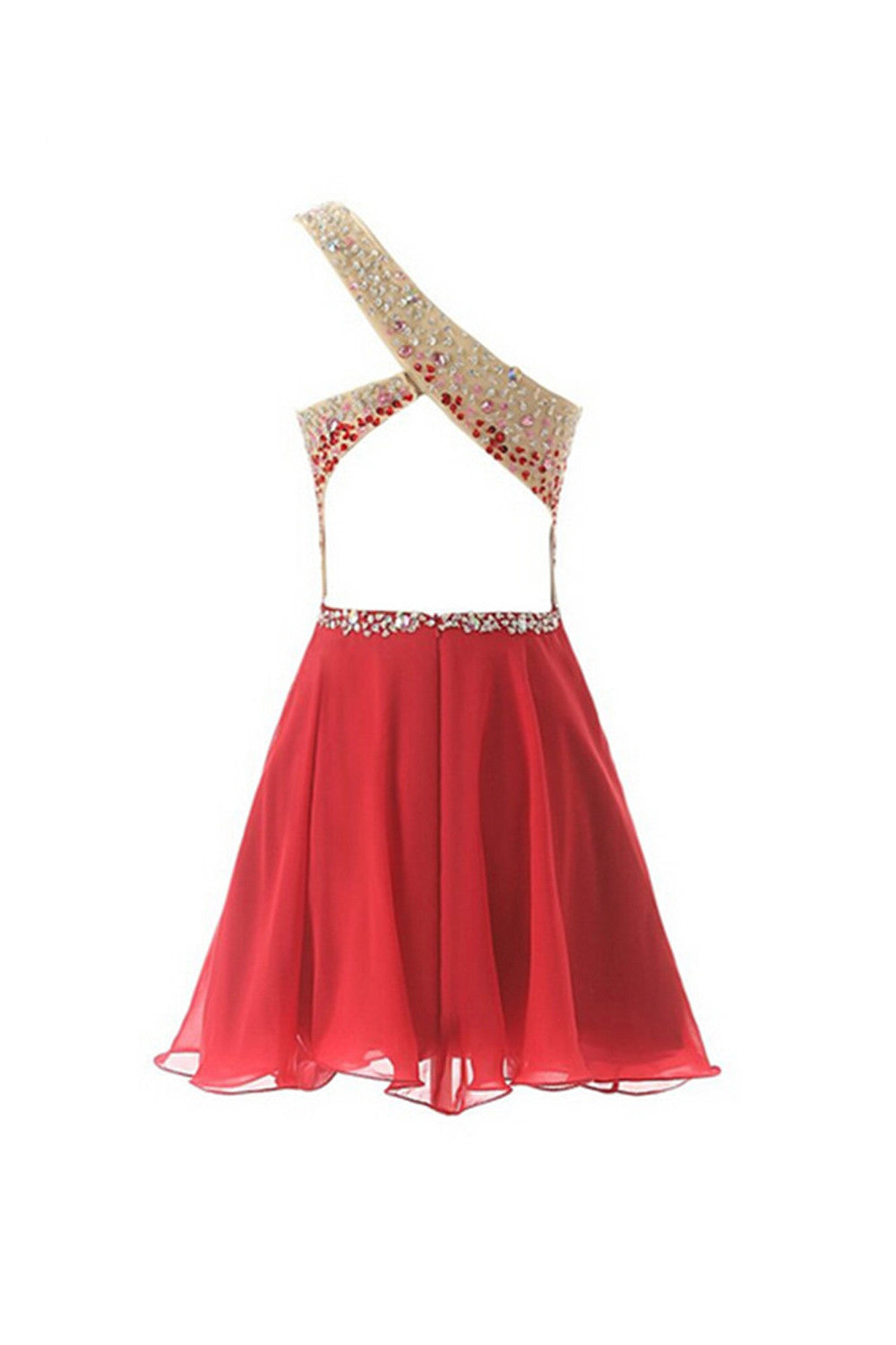One Shoulder Red Chiffon Beaded Short Prom Dresses ED0671