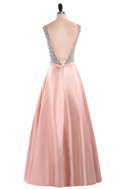 Sparkly A-Line V-Neck Satin Beading Backless Prom Dress N1524
