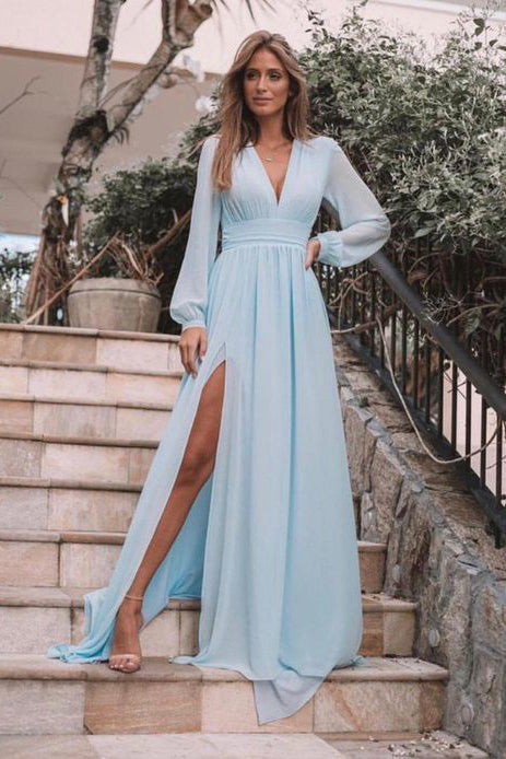 Powder blue long cheap sleeve dress