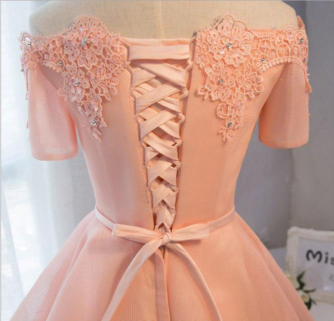Pastel Lace Appliqued Off The Shoulder Short Sleeves Homecoming Dresses