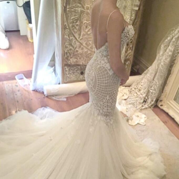 Ivory Mermaid Backless Spaghetti Straps Court Train Lace Tulle Wedding Dresses