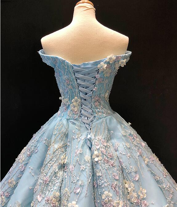 Light Blue Off the Shoulder Ball Gown Quinceanera Dresses Senior Lace Prom Dresses N1552