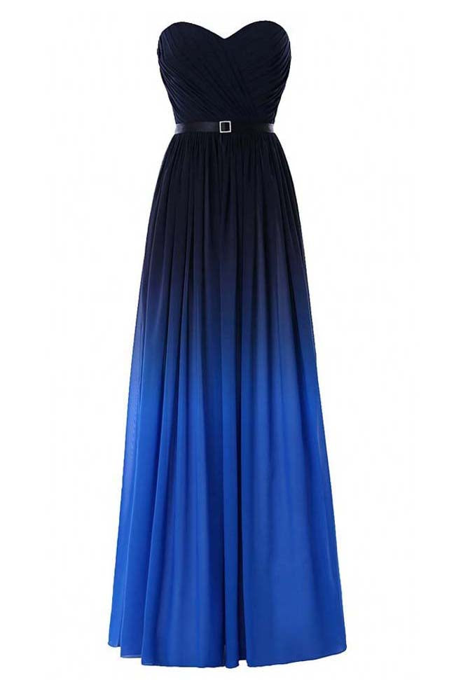 Blue Ombre Strapless Prom Dress with Belt,Gradient Chiffon Bridesmaid Dress,N738