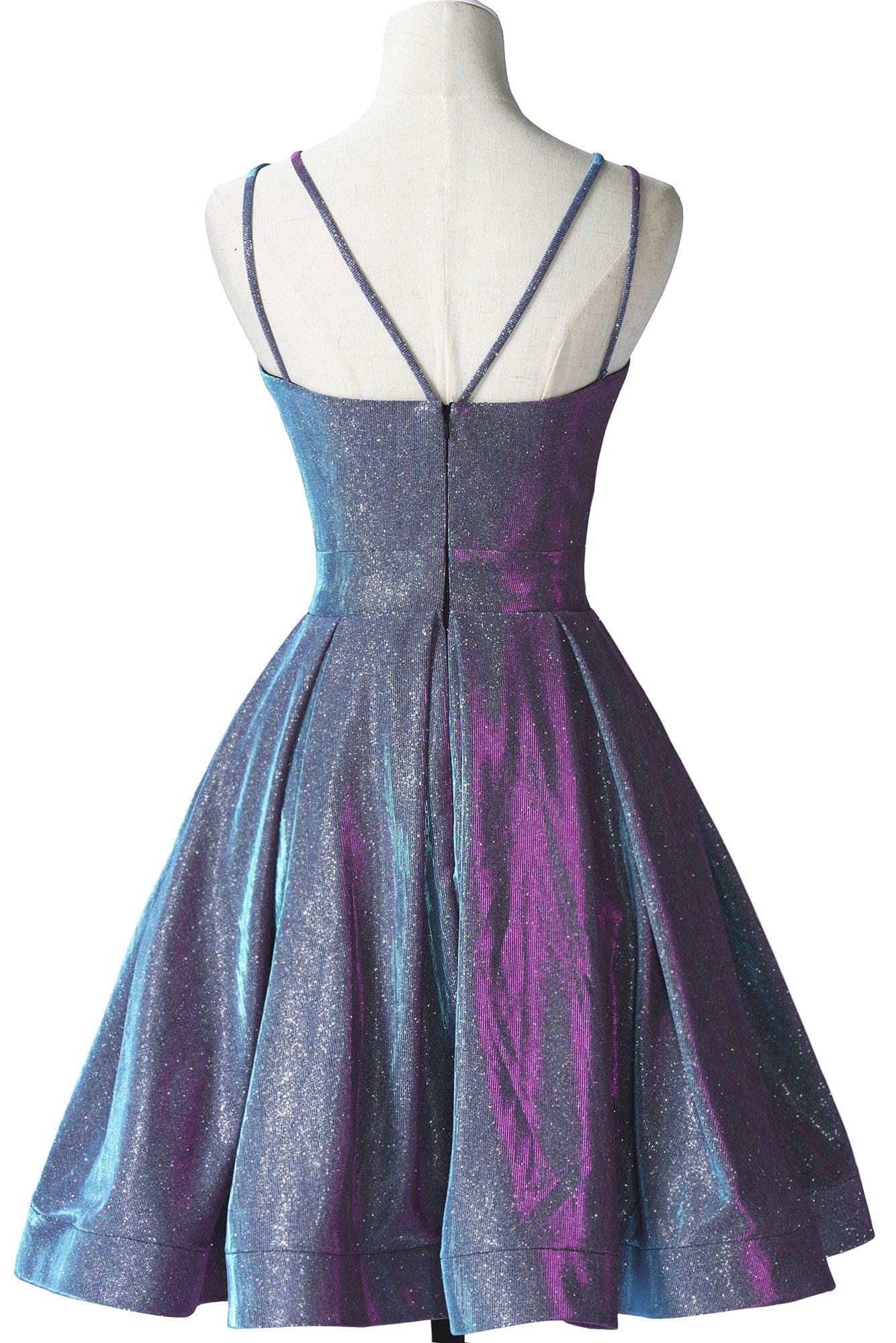 Glitter Spaghetti Straps Grey V-neck Short Homecoming Dresses