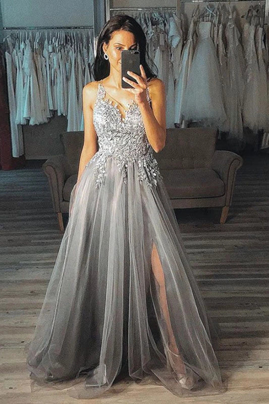 Grey A Line V-Neck Long Appliques Tulle Prom Dresses